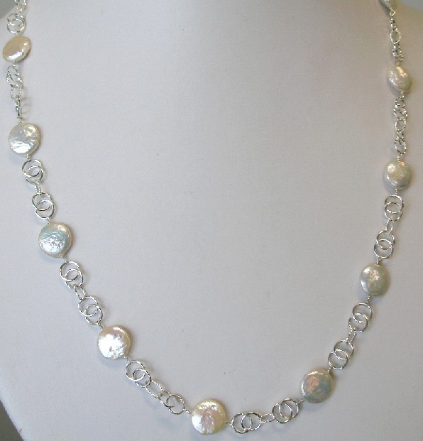 Coin Pearls Silver Link Necklace